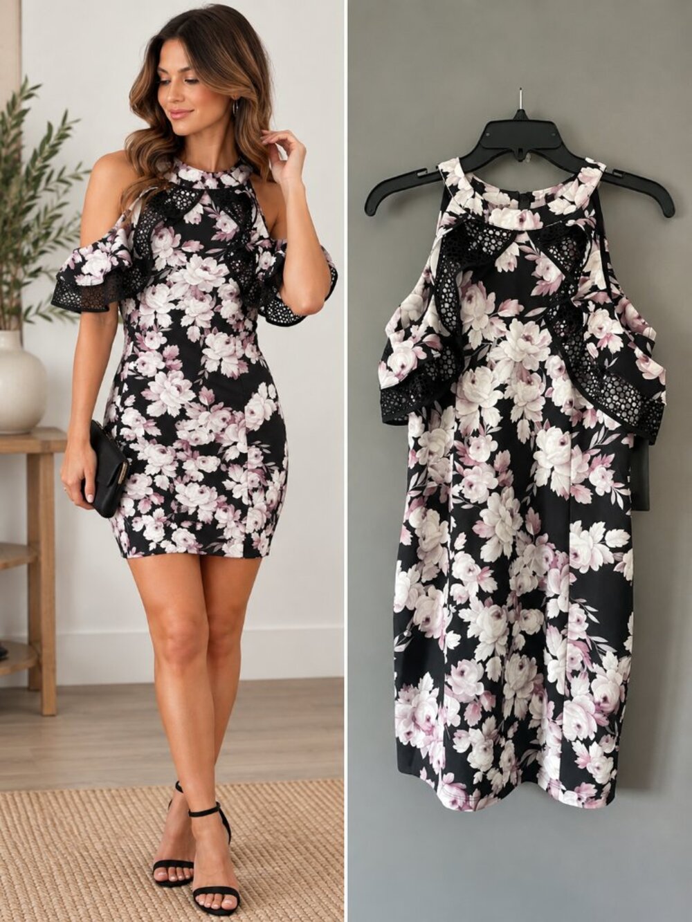 Bebe Black White Floral Lace Cold Shoulder Bodycon Mini Dress Romantic Coquette